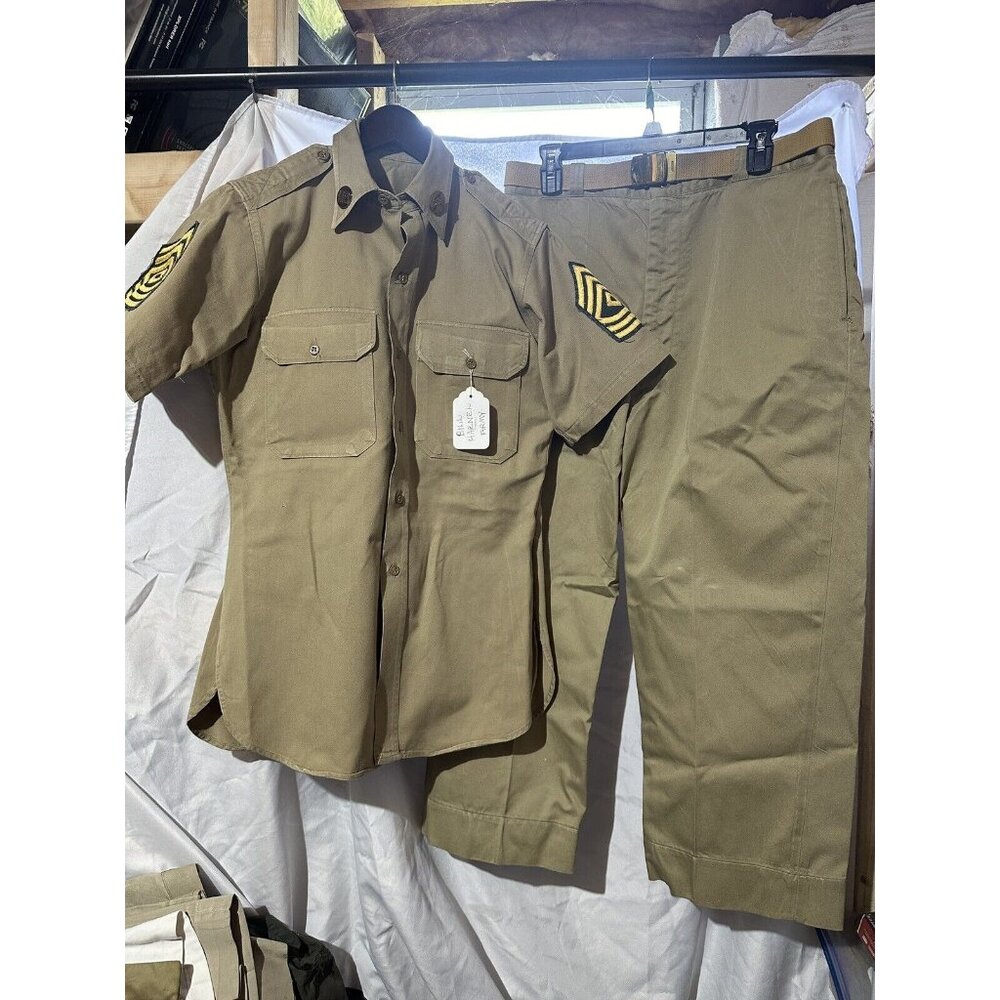 VTG US ARMY Khaki Tan Uniform Shirt, Pants Belt Hat SGT Major 1950s Korean War
